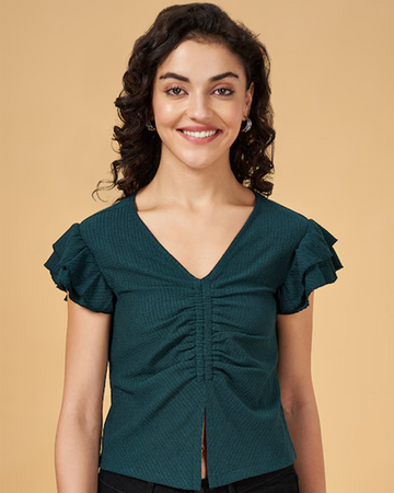 Foxtramp Solid Teal V-Neck Half Sleeves