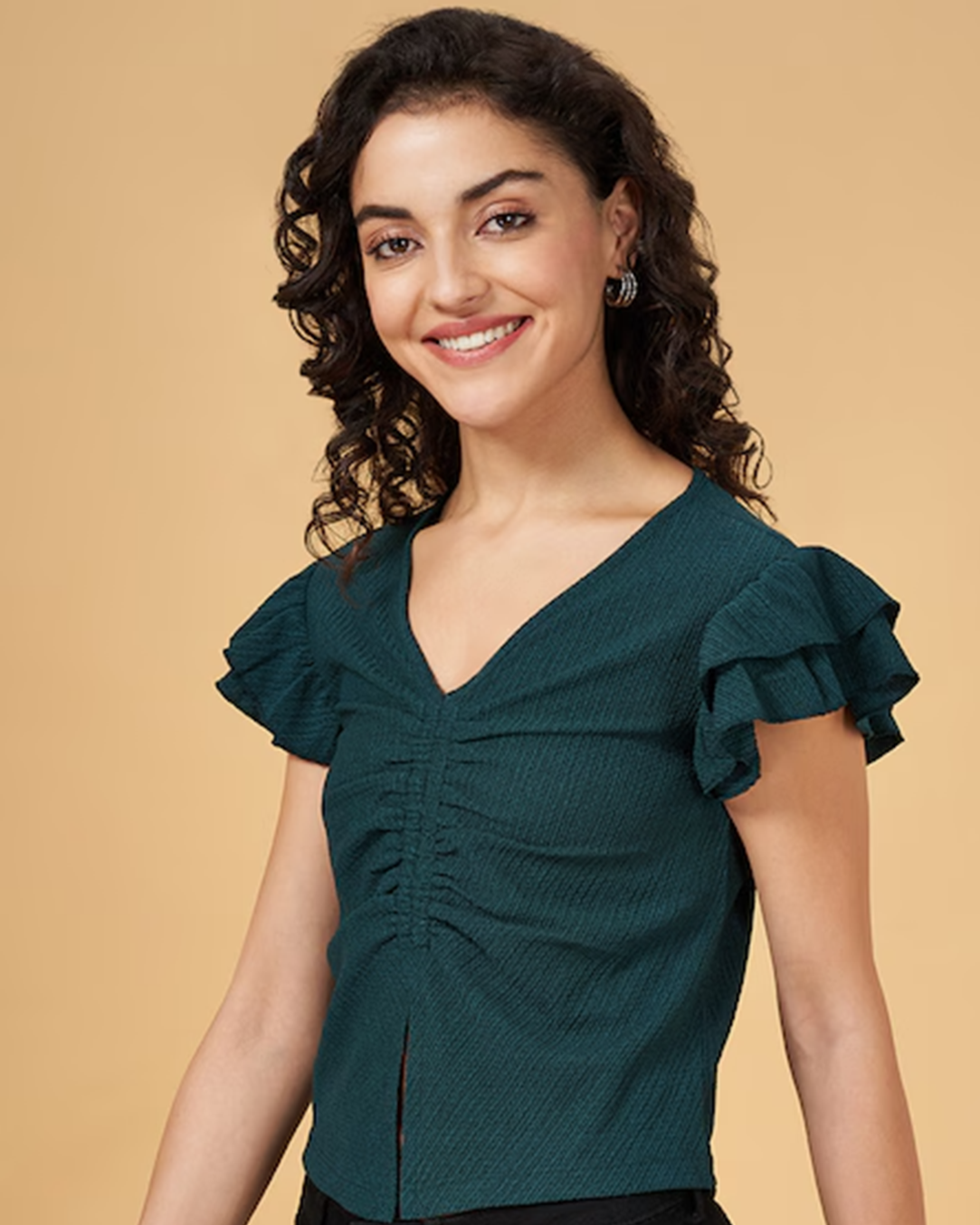 Foxtramp Solid Teal V-Neck Half Sleeves