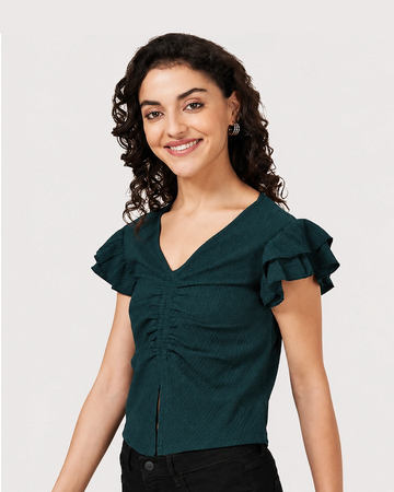 Solid Teal V-Neck Half Sleeves